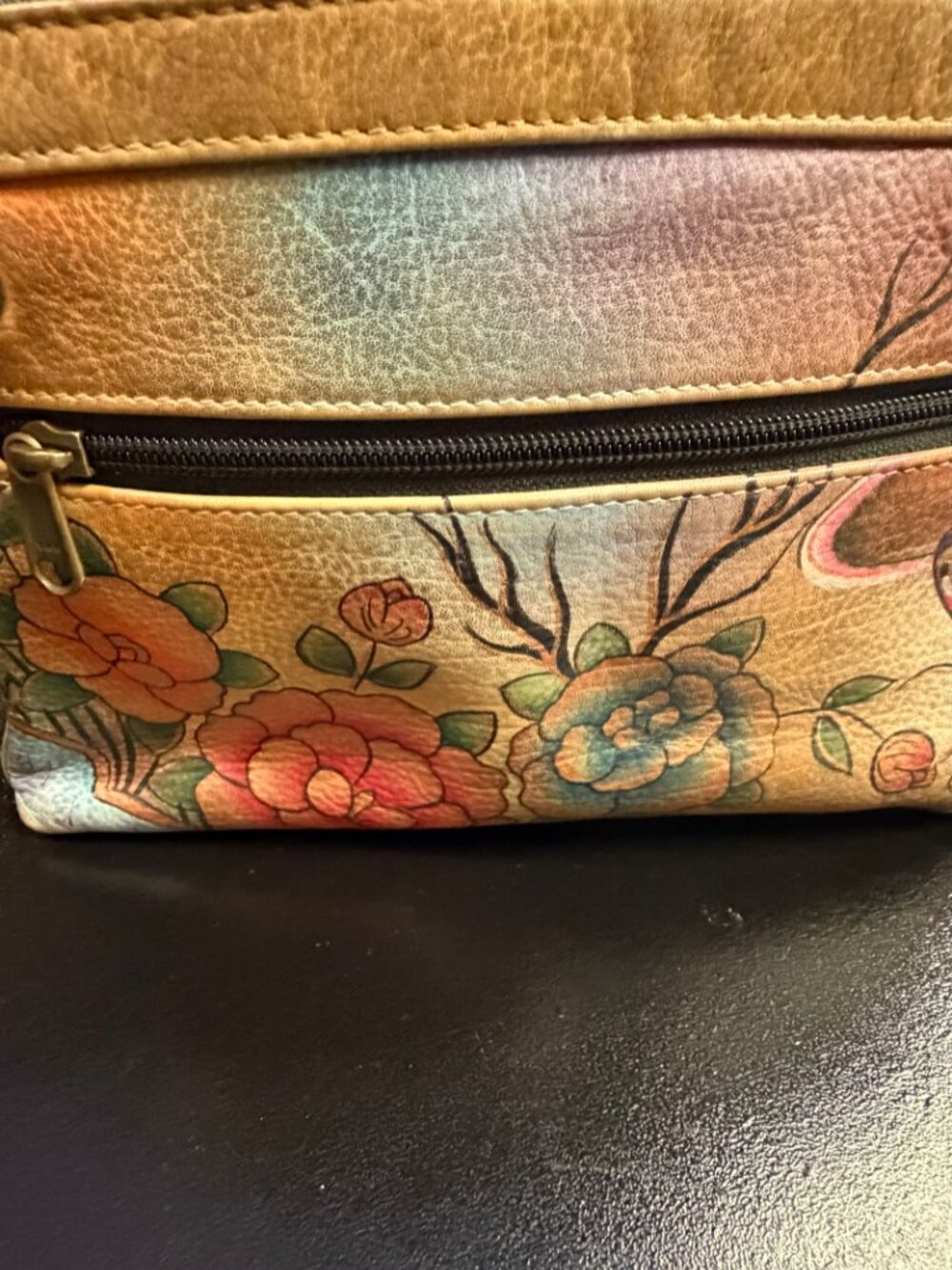 Beverly Hill Bag La Hand-Painted Leather Floral Butterfly Organizer Shoulder Bag - Picture 7 of 9